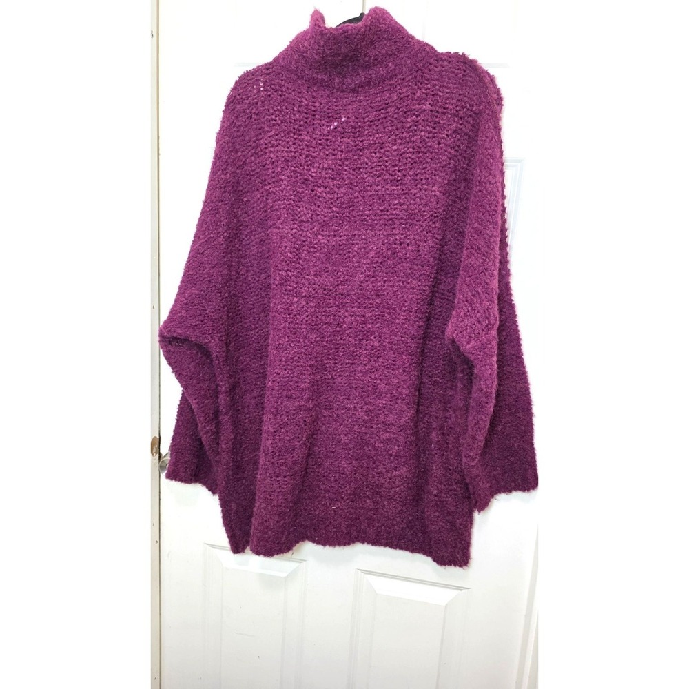 Free People Oversized Alpaca Blend Roll Turtleneck Open Knit Sweater Plum SZ L - Picture 3 of 8